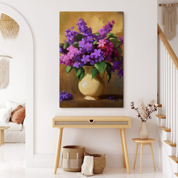 Schilderij van paarse bloemen in een vaas Schilderij van paarse bloemen in een vaas