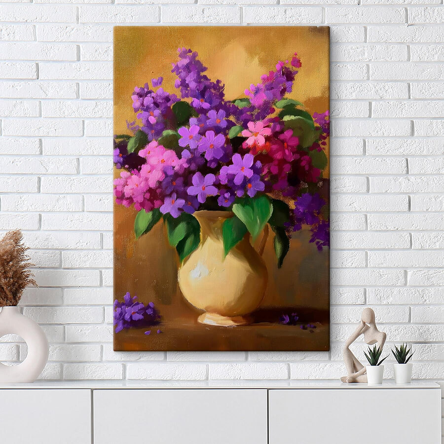 Schilderij van paarse bloemen in een vaas