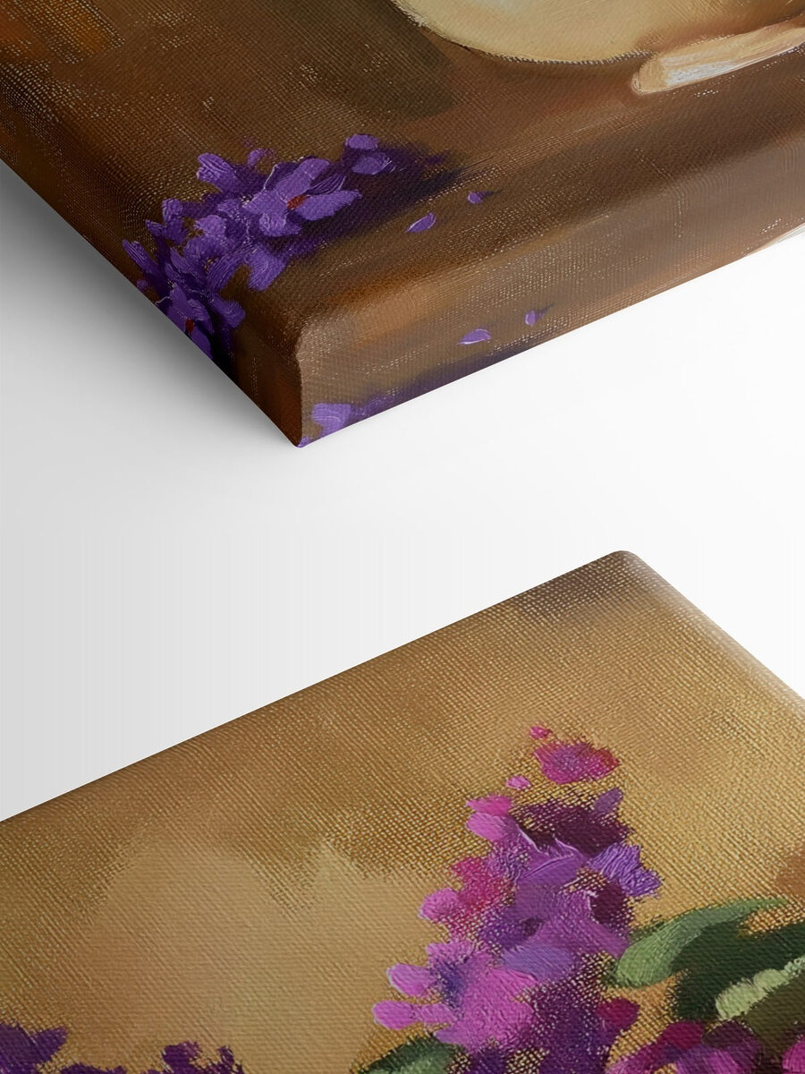 Schilderij van paarse bloemen in een vaas