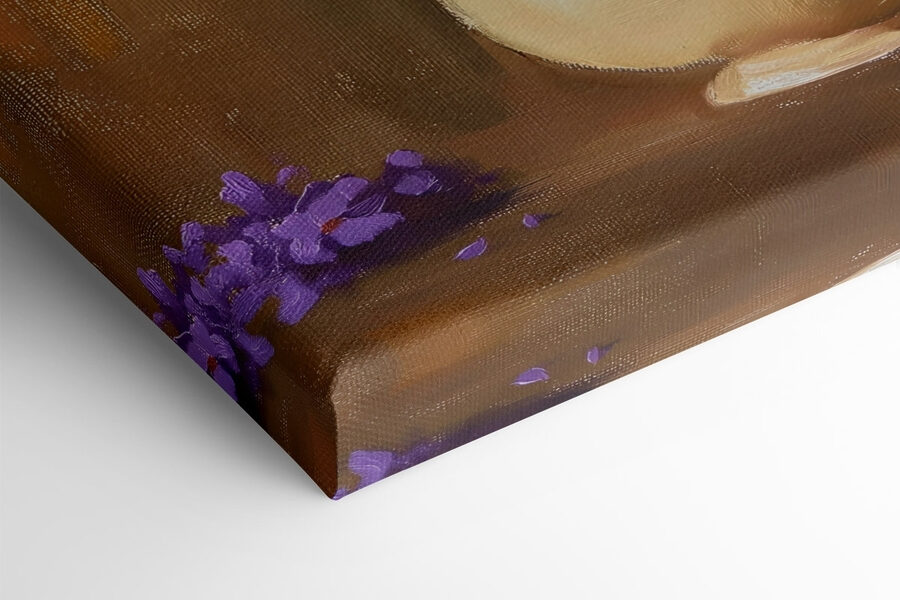 Schilderij van paarse bloemen in een vaas