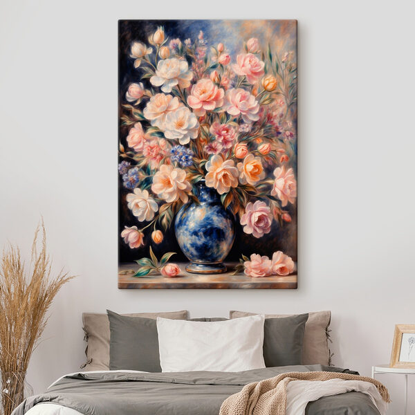 Schilderij van bloemen in een blauwe vaas Schilderij van bloemen in een blauwe vaas