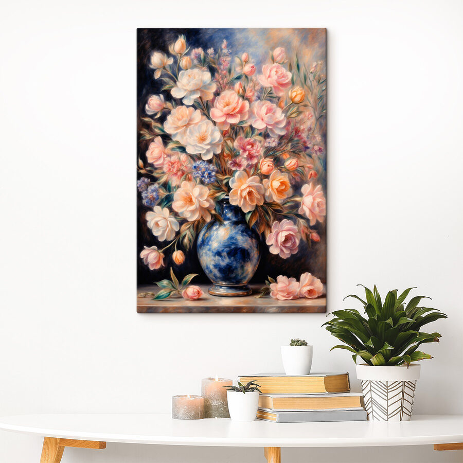 Schilderij van bloemen in een blauwe vaas