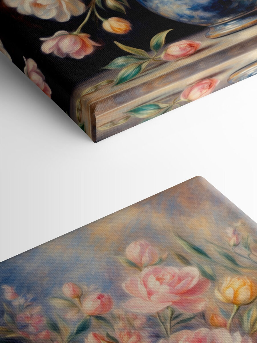 Schilderij van bloemen in een blauwe vaas