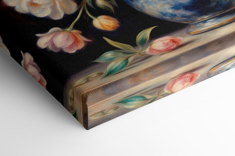 Schilderij van bloemen in een blauwe vaas