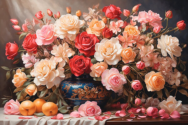 Vaas met bloemen en fruit Vaas met bloemen en fruit