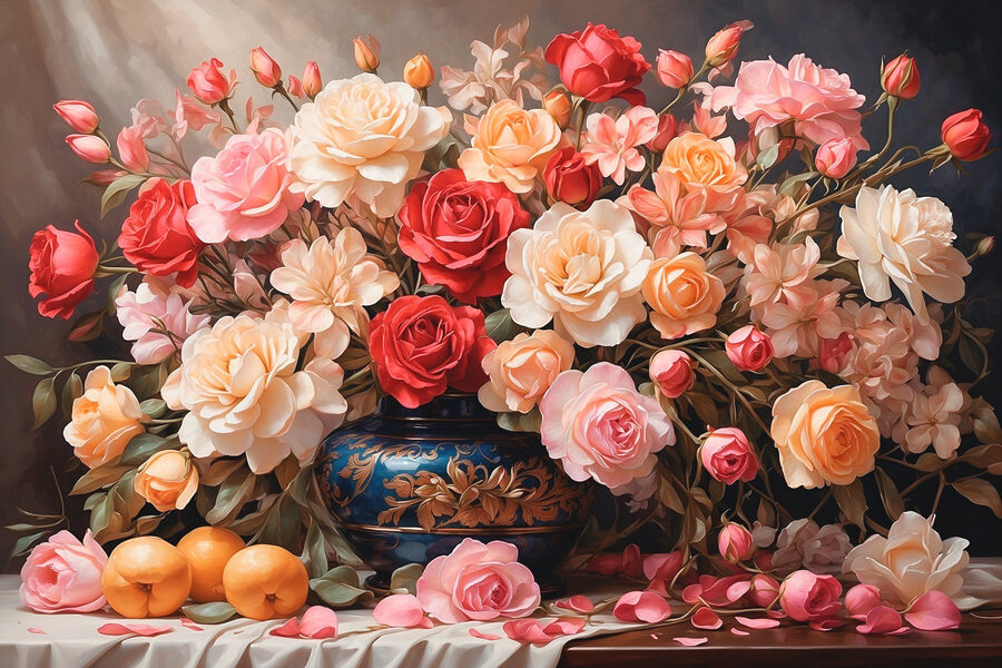 Vaas met bloemen en fruit