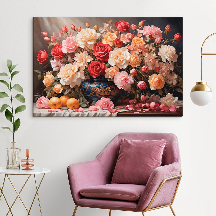 Vaas met bloemen en fruit