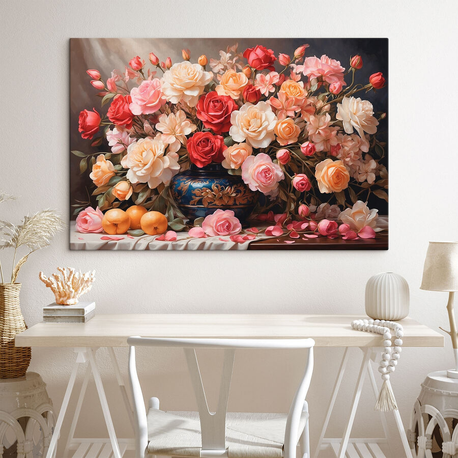 Vaas met bloemen en fruit