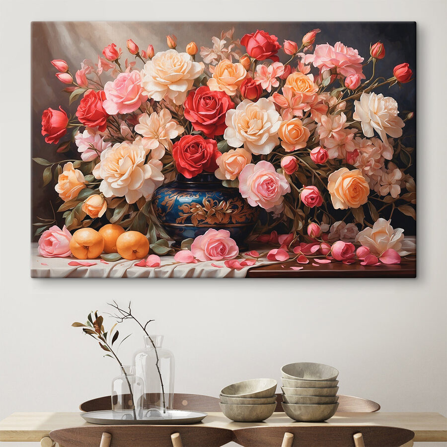 Vaas met bloemen en fruit