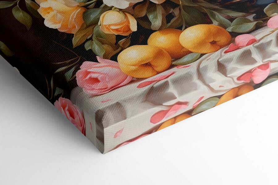 Vaas met bloemen en fruit