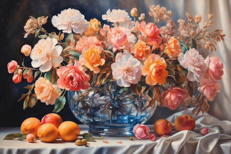 Schilderij van bloemen in een glazen vaas