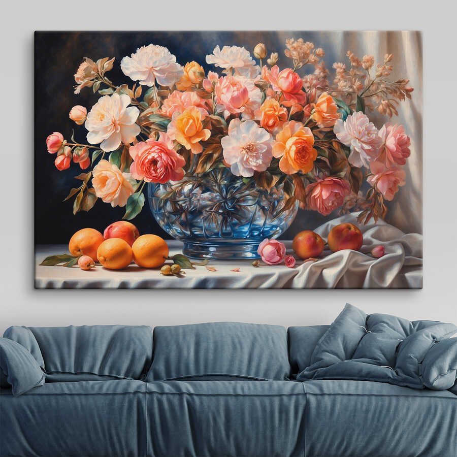 Schilderij van bloemen in een glazen vaas