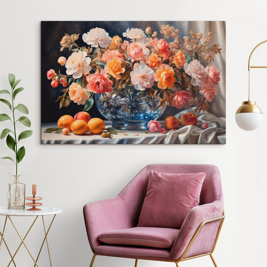 Schilderij van bloemen in een glazen vaas
