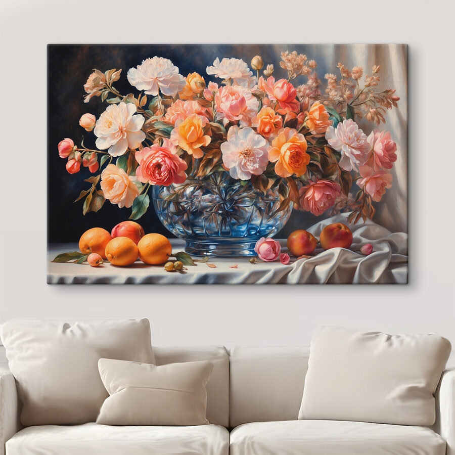 Schilderij van bloemen in een glazen vaas
