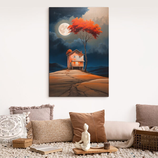 Schilderij van een huis met een boom en een maan aan de hemel Schilderij van een huis met een boom en een maan aan de hemel