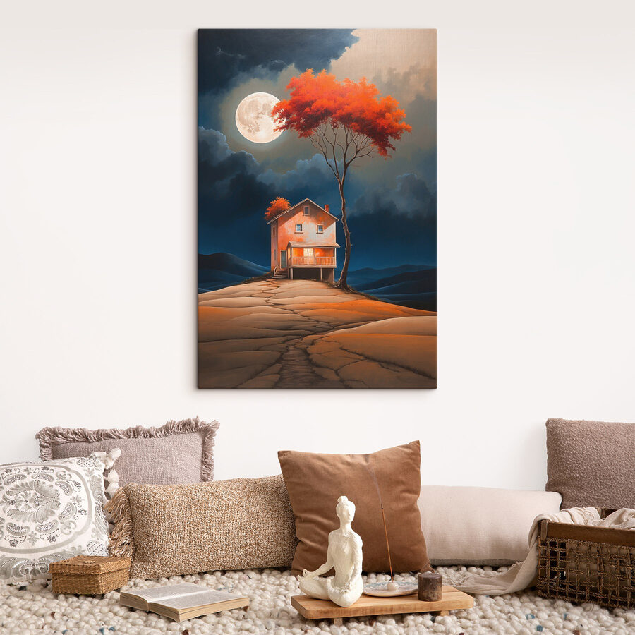 Schilderij van een huis met een boom en een maan aan de hemel
