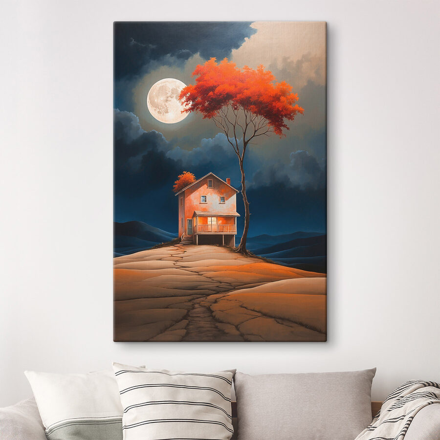 Schilderij van een huis met een boom en een maan aan de hemel