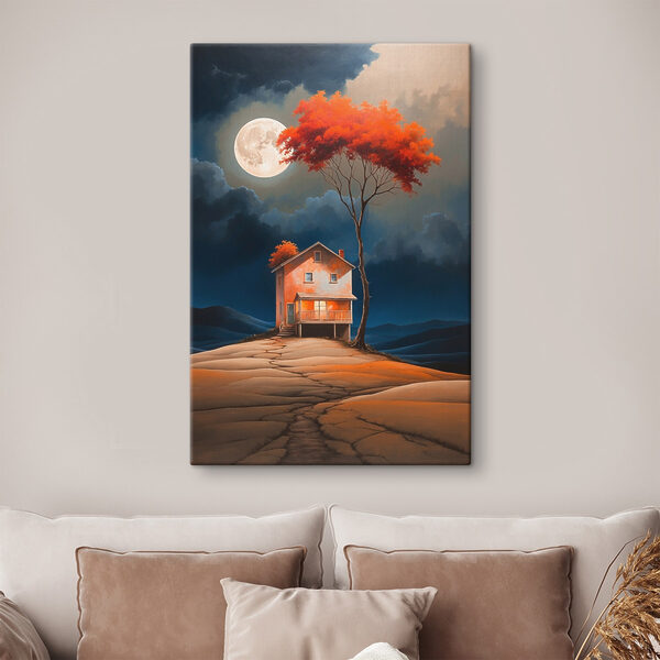 Schilderij van een huis met een boom en een maan aan de hemel Schilderij van een huis met een boom en een maan aan de hemel