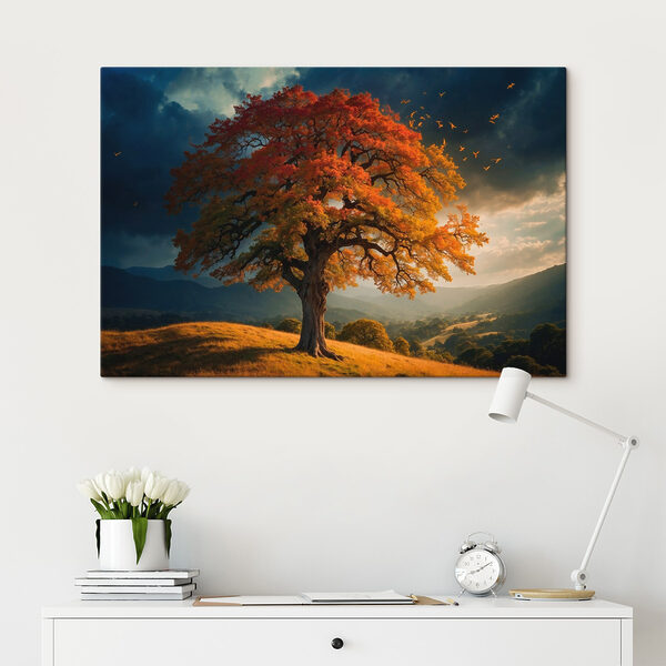Boom met oranje en gele bladeren op een heuvel Boom met oranje en gele bladeren op een heuvel