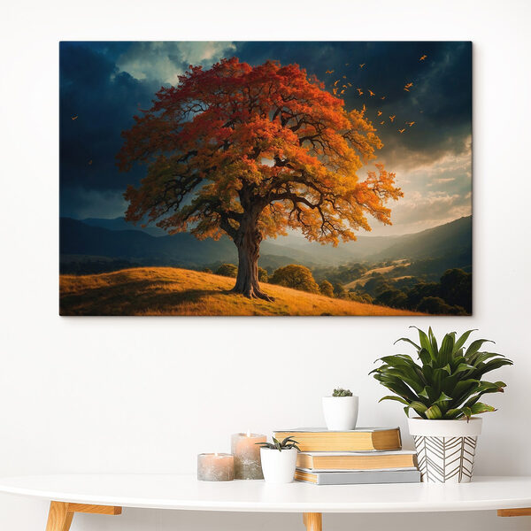 Boom met oranje en gele bladeren op een heuvel Boom met oranje en gele bladeren op een heuvel