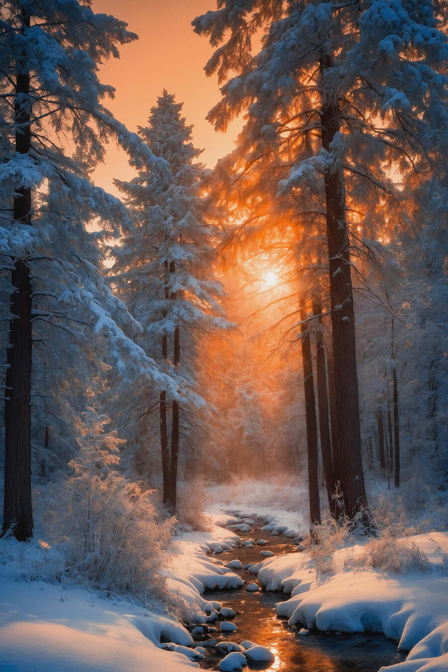 Canvas Schilderijen Besneeuwd bos met bomen en een beekje - Afbeelding 14