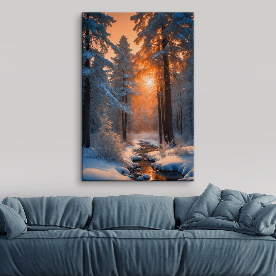 Canvas Schilderijen Besneeuwd bos met bomen en een beekje