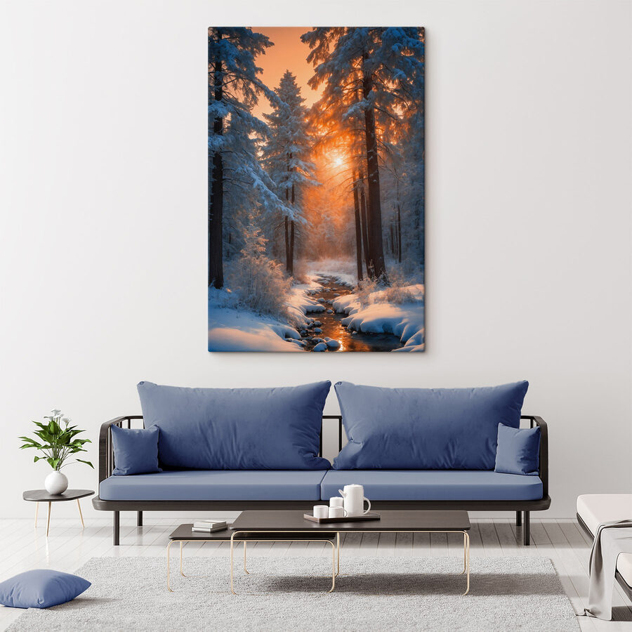 Canvas Schilderijen Besneeuwd bos met bomen en een beekje - Afbeelding 2