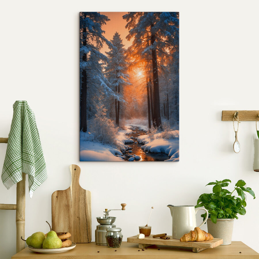 Canvas Schilderijen Besneeuwd bos met bomen en een beekje - Afbeelding 3