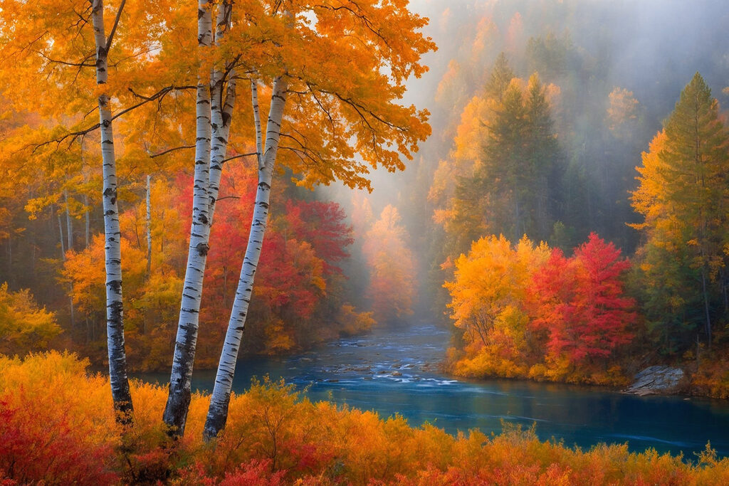 River with trees and colorful leaves River with trees and colorful leaves