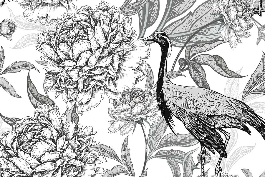 Vogel en bloemen op een witte achtergrond Vogel en bloemen op een witte achtergrond