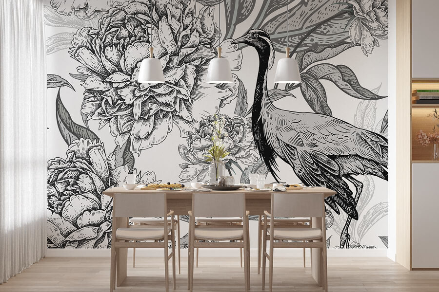 Vogel en bloemen op een witte achtergrond Vogel en bloemen op een witte achtergrond
