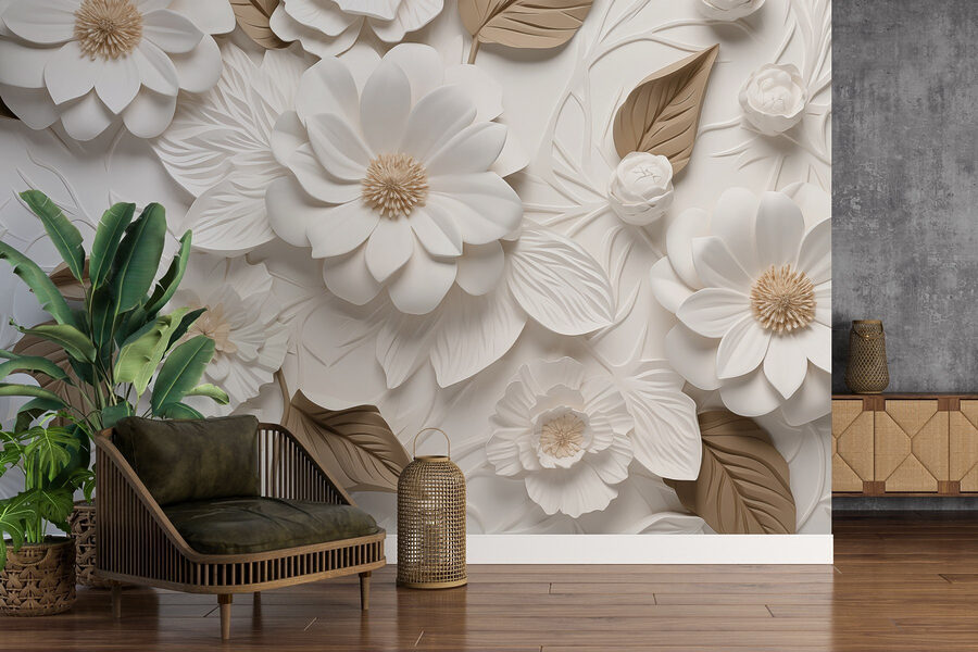 Witte en bruine bloemen en bladeren