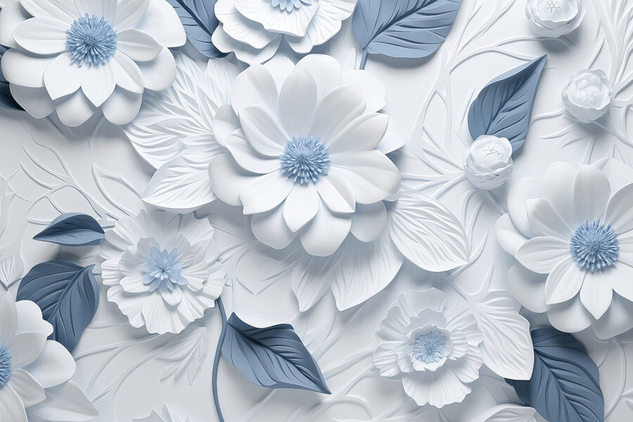 Witte en blauwe bloemen en bladeren