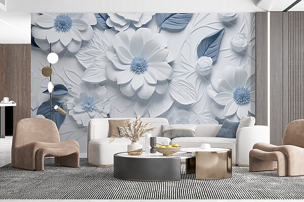 Witte en blauwe bloemen en bladeren Witte en blauwe bloemen en bladeren