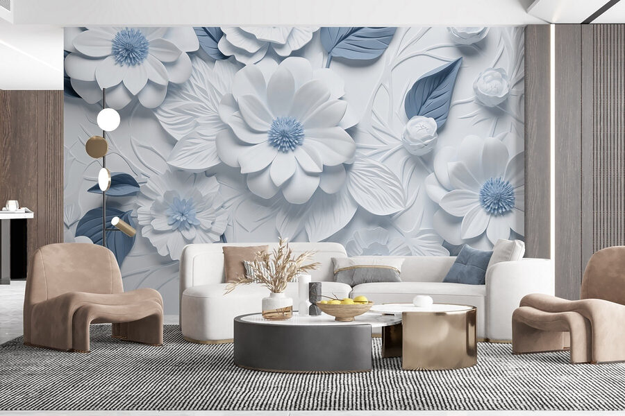 Witte en blauwe bloemen en bladeren