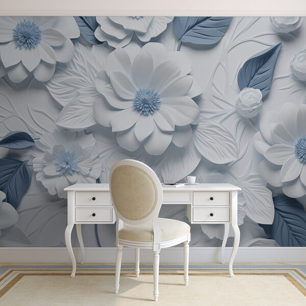 Witte en blauwe bloemen en bladeren Witte en blauwe bloemen en bladeren