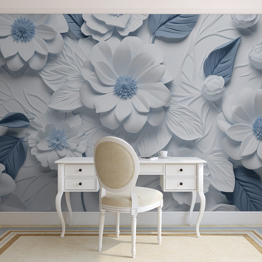 Witte en blauwe bloemen en bladeren