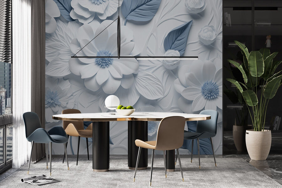 Witte en blauwe bloemen en bladeren
