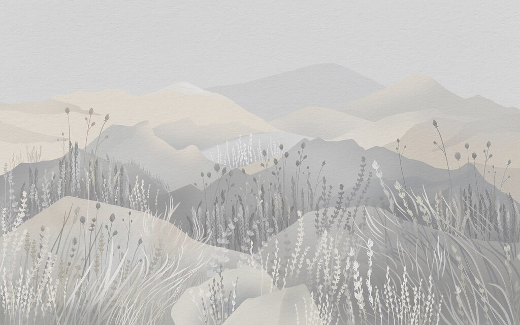 Schilderij van een landschap met bergen en gras Schilderij van een landschap met bergen en gras