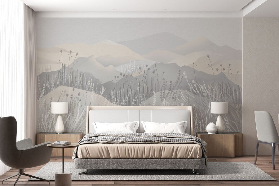 Painting of a landscape with mountains and grass Painting of a landscape with mountains and grass