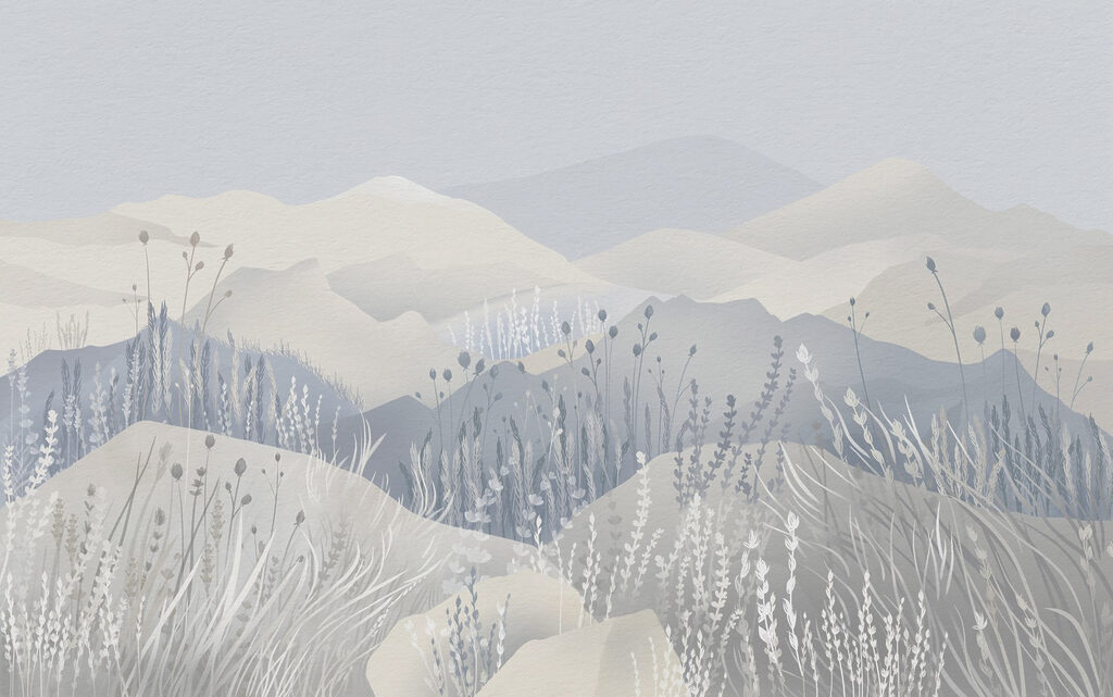 Schilderij van een landschap met bergen en gras Schilderij van een landschap met bergen en gras