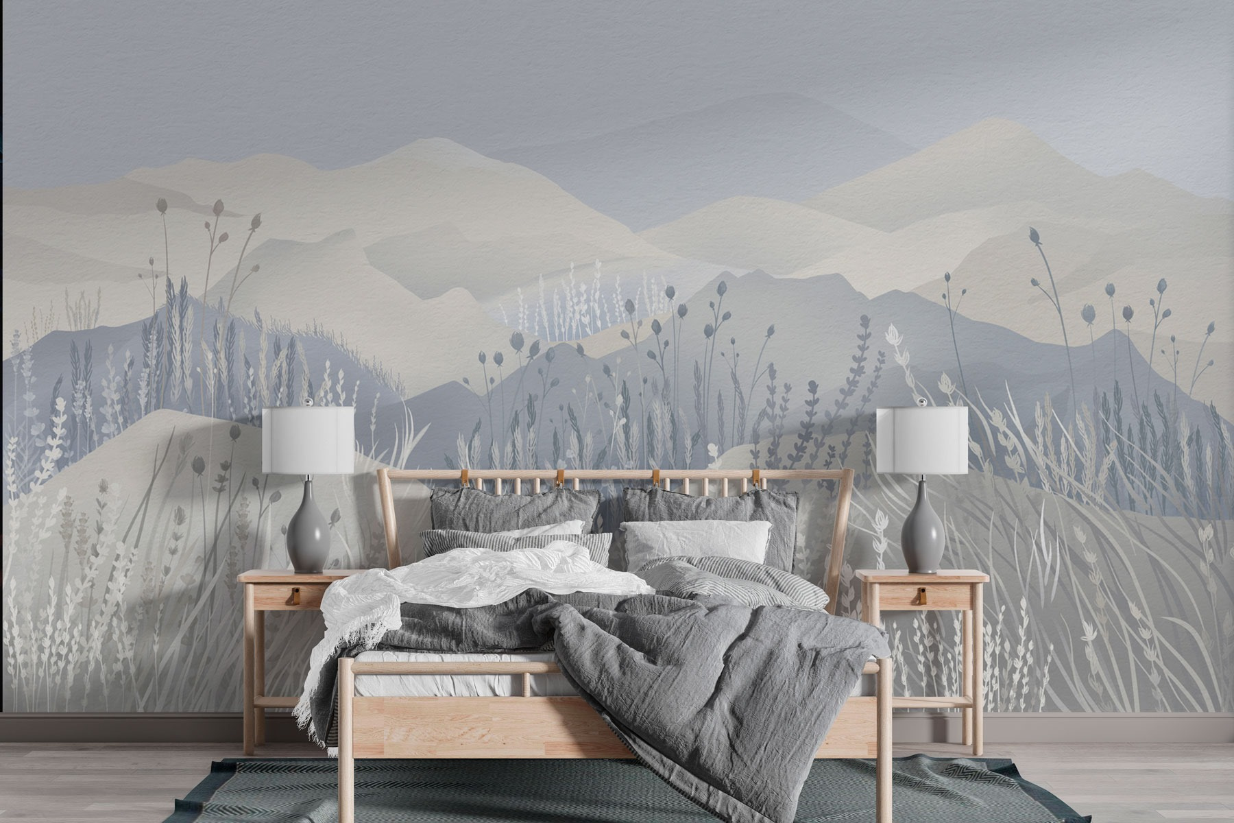 Painting of a landscape with mountains and grass