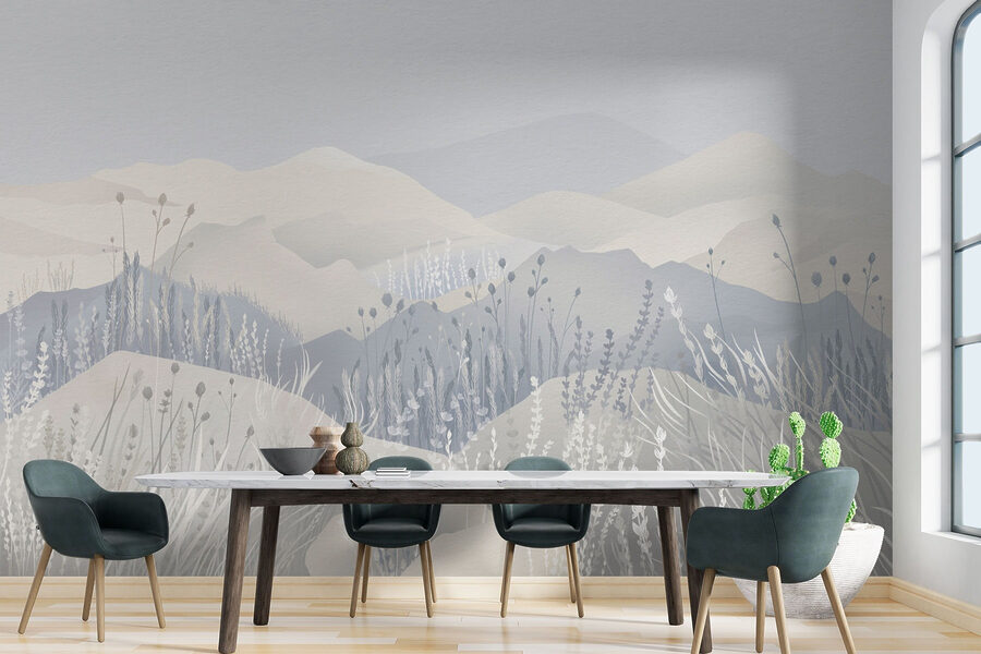 Schilderij van een landschap met bergen en gras