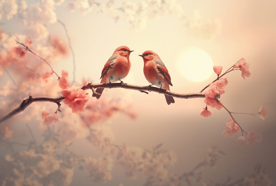 Fotobehang Twee vogels op een tak - Afbeelding 5