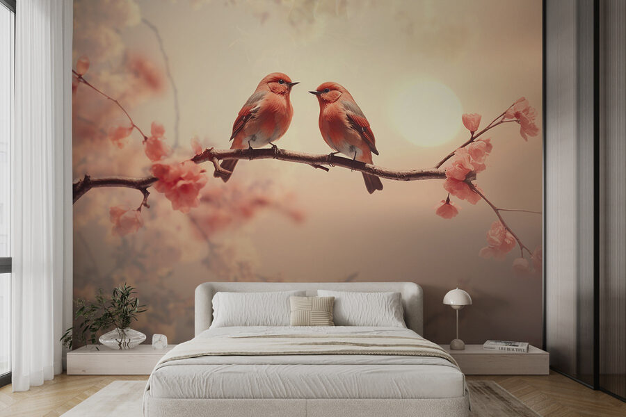 Fotobehang Twee vogels op een tak - Afbeelding 2