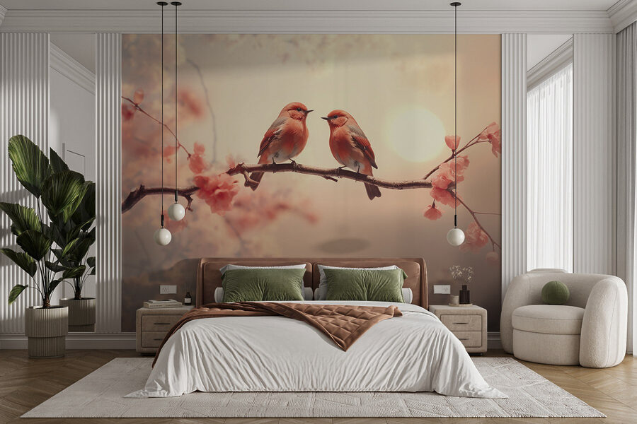 Fotobehang Twee vogels op een tak - Afbeelding 3