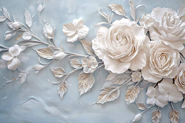 Witte bloemen en bladeren op een blauw oppervlak Witte bloemen en bladeren op een blauw oppervlak