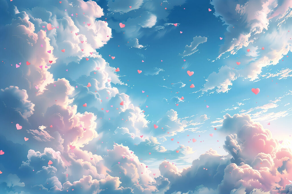 Blue sky with clouds and pink hearts