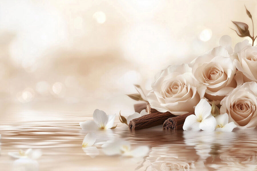 Groep witte rozen en kaneelstokjes in water