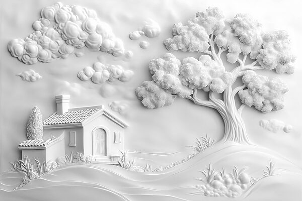 Witte muurkunst met een huis en boom Witte muurkunst met een huis en boom